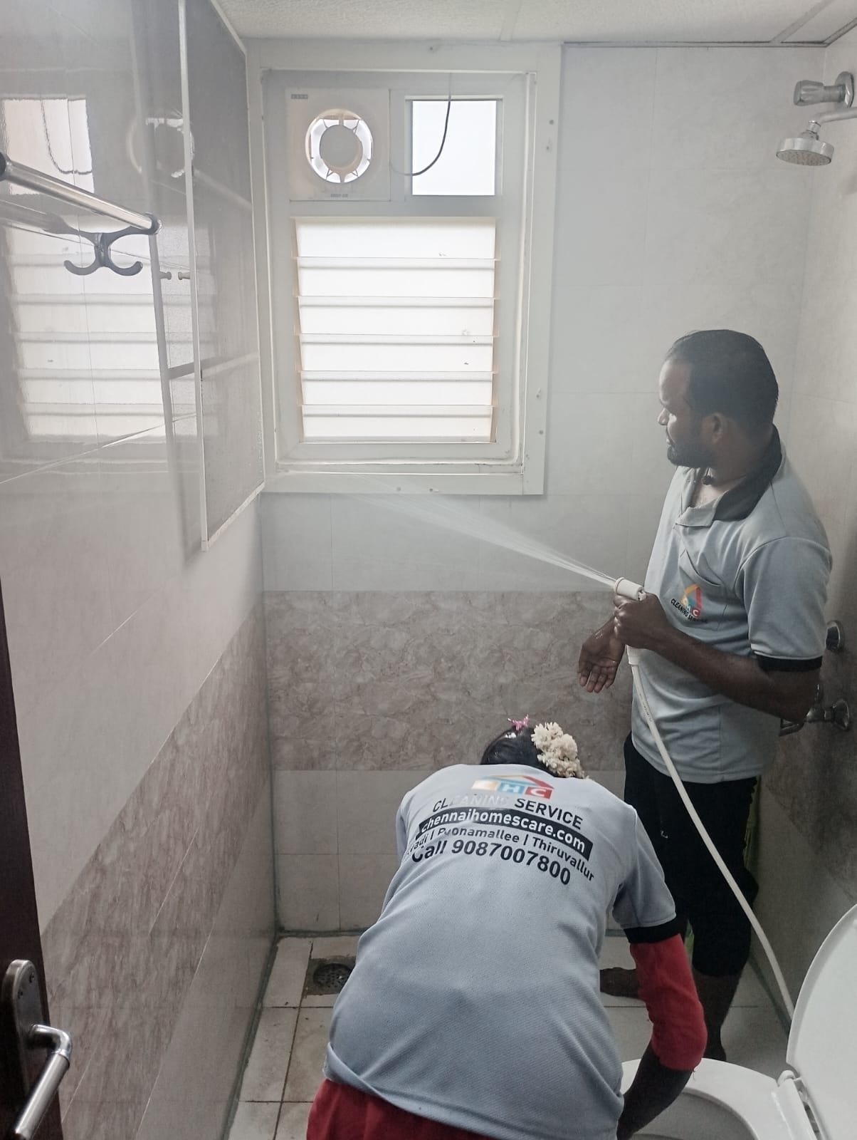 Chennai Homescare staff deep cleaning a bathroom